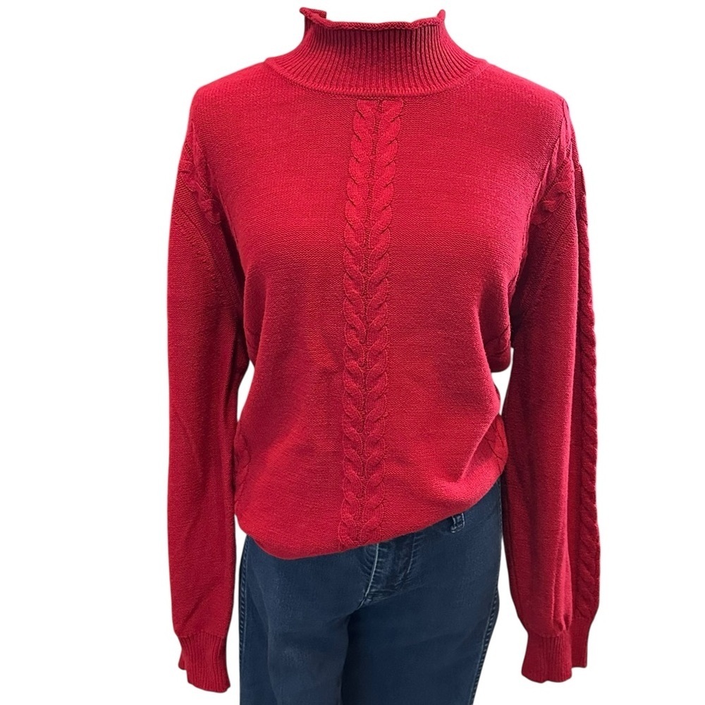 Vtg Cherry Red Cable Knit Trim Roll Neck‎ Sweater XL Oversized Fisherman Preppy
